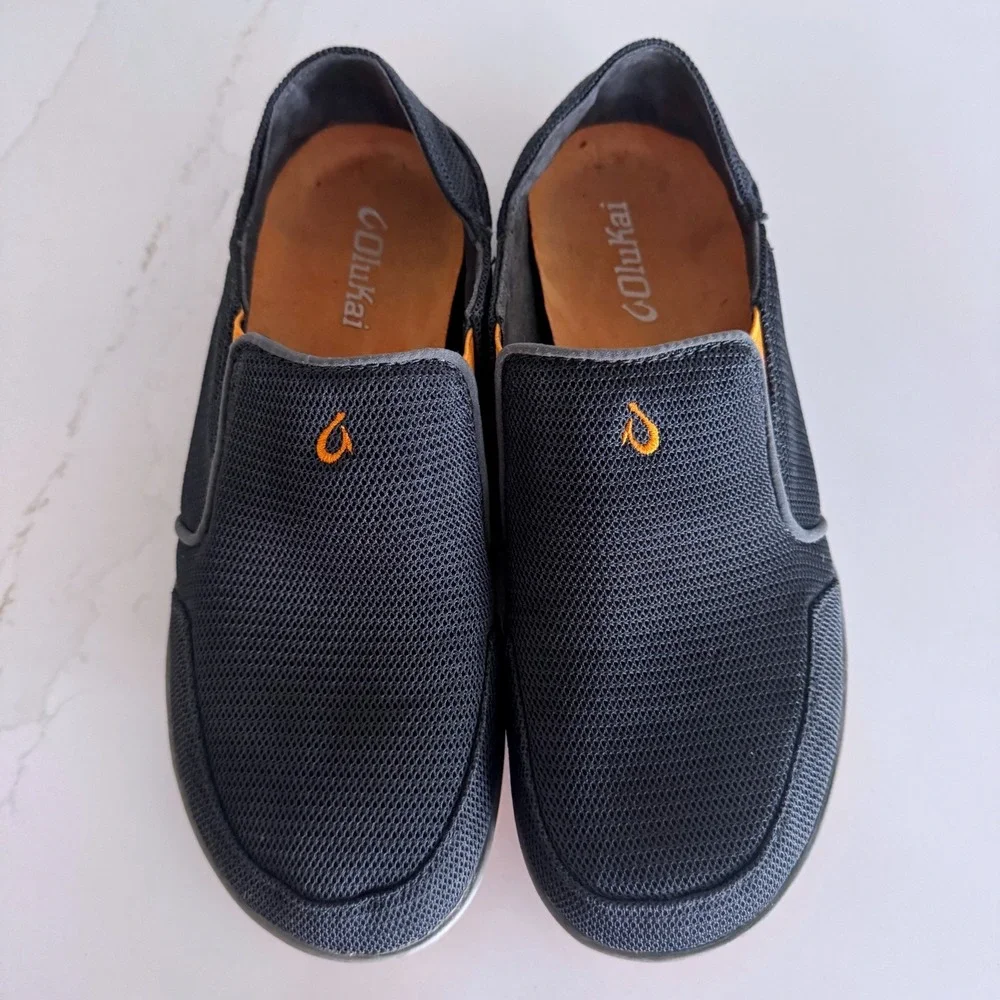 OluKai Nohea Mesh Loafers Mens Size 8 Charcoal Grey Orange Slip On Shoes